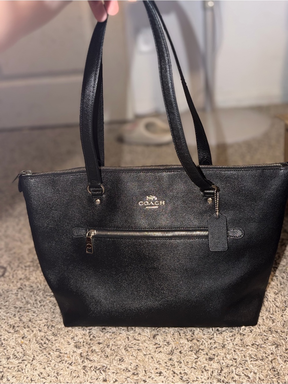 Coach Black Leather Tote with Front Zip Pocket